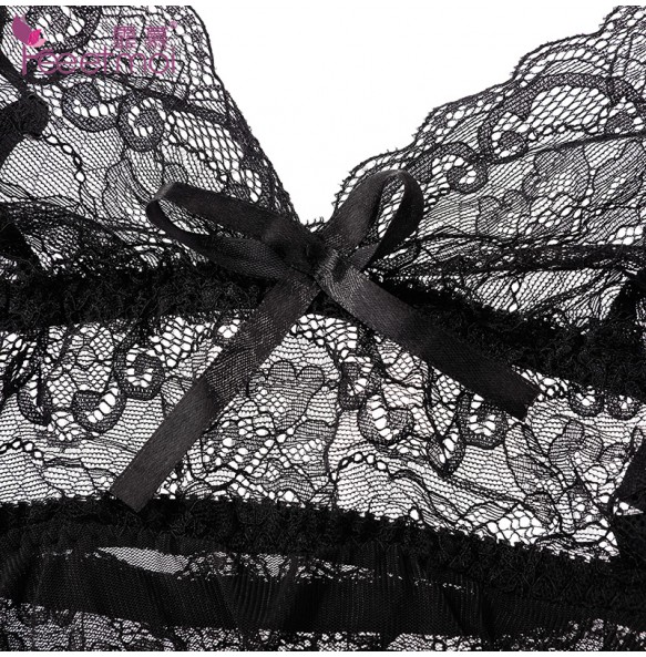 FEE ET MOI Sexy Lace Deep V Neck Sleepwear Dress (Black)
